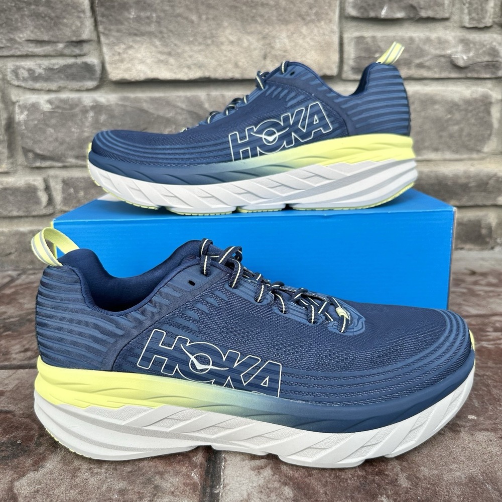 Hoka One One‎ Bondi 6 Womens 12 or Men's 10.5 Navy Blue Yellow Running Sneakers